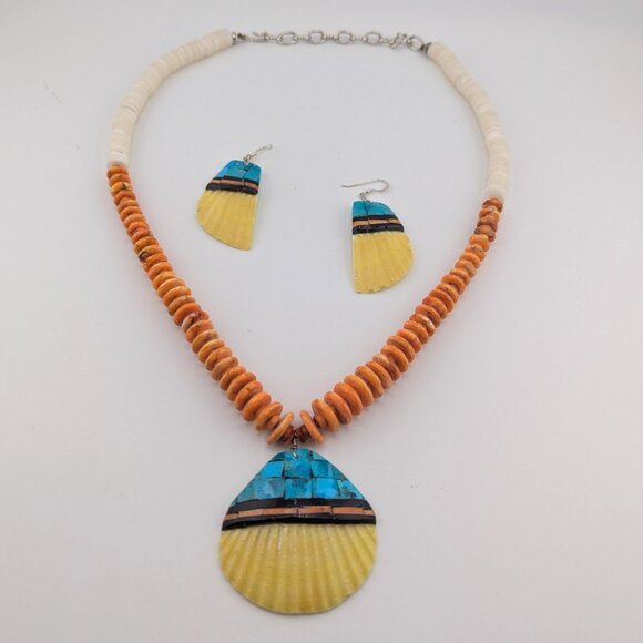 Native American Handmade Tribal Necklace Earrings Set Santo Domingo Kewa Shell * - Picture 10 of 13